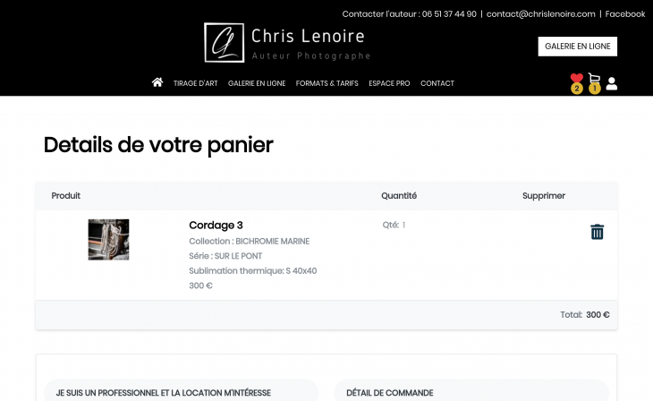 Panier sur le site Internet e-commerce de Chris Lenoire