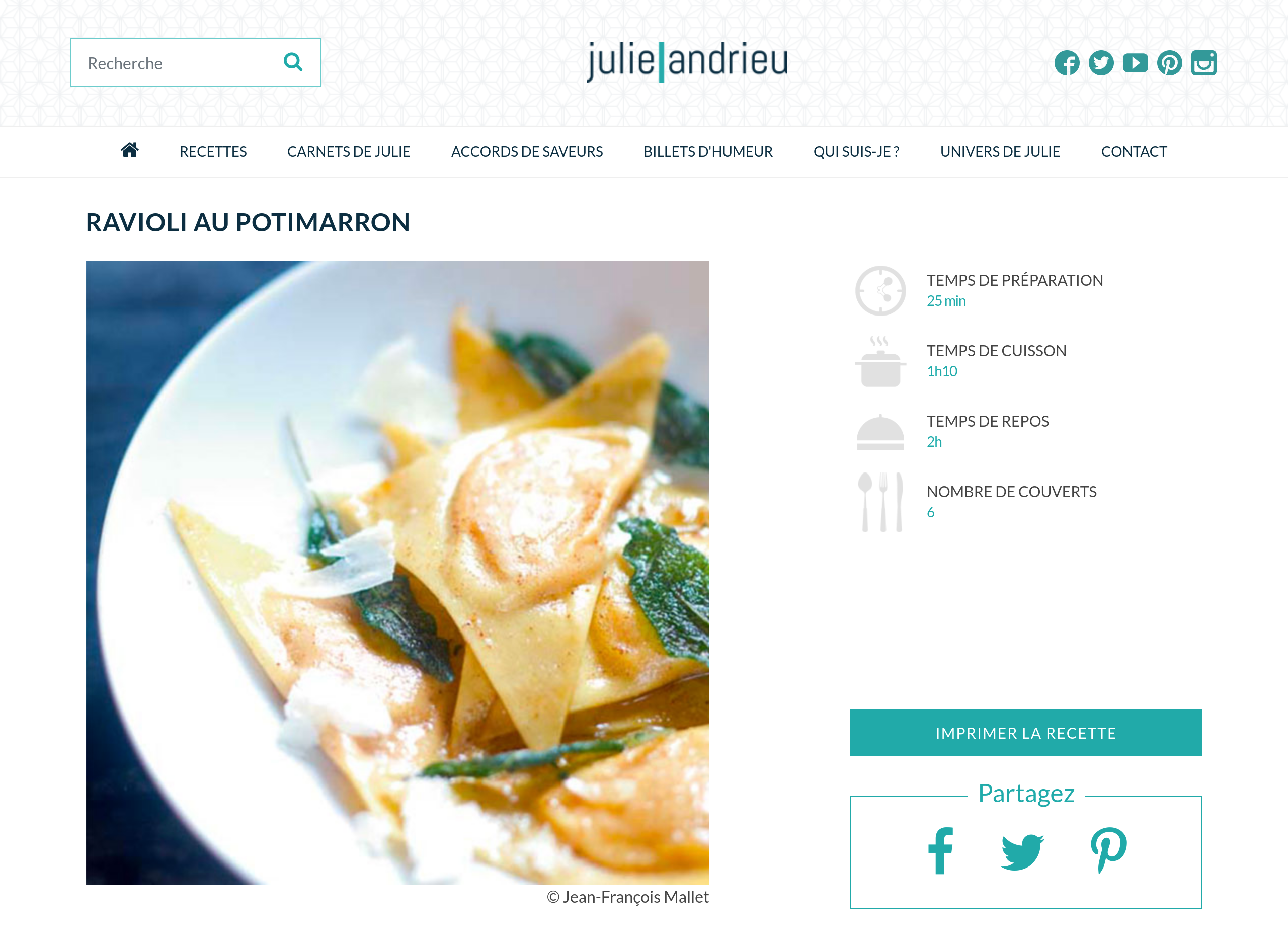 Une page recette du site Internet de Julie Andreieu